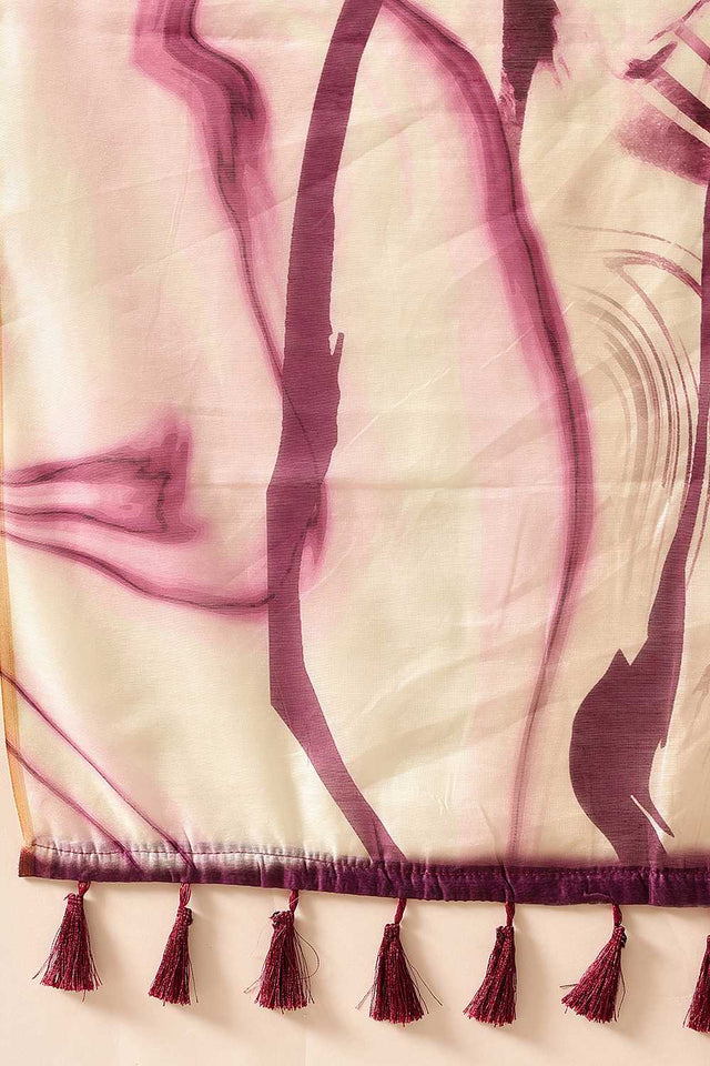 White Abstract Printed Cotton Blend Ready to Wear Saree