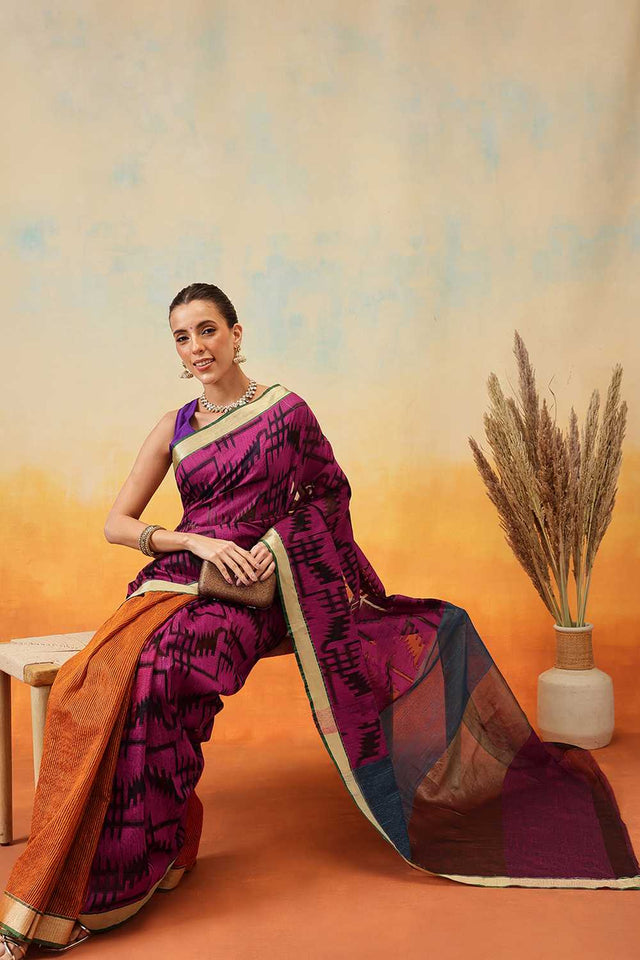 Violet Striped Woven Cotton Ready to Wear Saree