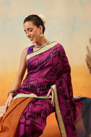 Violet Striped Woven Cotton Ready to Wear Saree