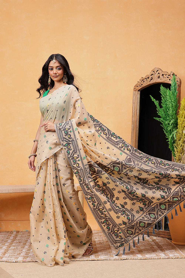 Cream Floral Woven Cotton Ready to Wear Saree