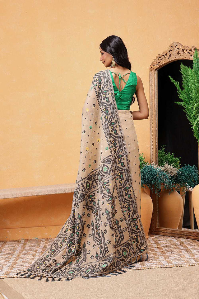 Cream Floral Woven Cotton Ready to Wear Saree