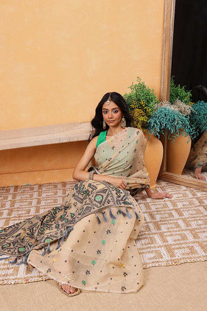 Cream Floral Woven Cotton Ready to Wear Saree