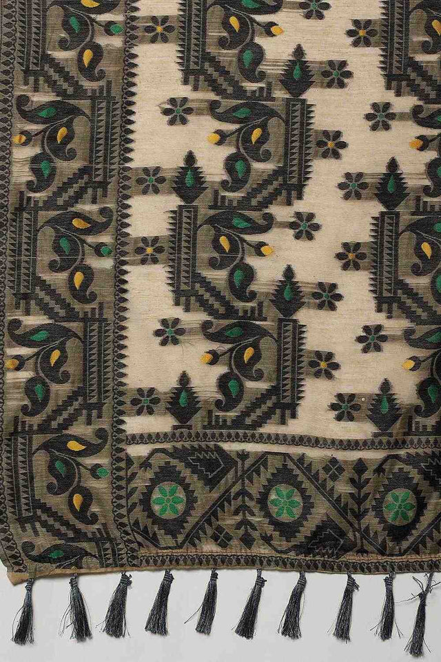 Cream Floral Woven Cotton Ready to Wear Saree