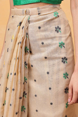 Cream Floral Woven Cotton Ready to Wear Saree