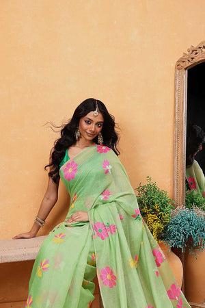 Green Floral Woven Cotton Ready to Wear Saree