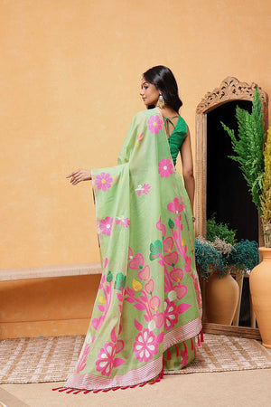 Green Floral Woven Cotton Ready to Wear Saree