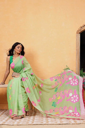 Green Floral Woven Cotton Ready to Wear Saree