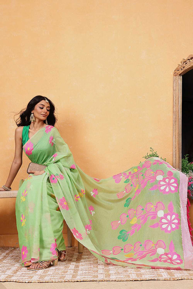 Green Floral Woven Cotton Ready to Wear Saree