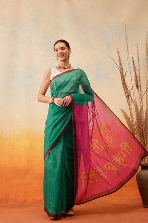 Green Solid Cotton Blend Ready to Wear Saree
