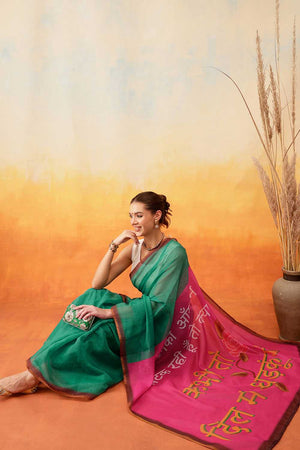 Green Solid Cotton Blend Ready to Wear Saree
