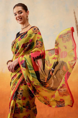Mustard Animal Printed Cotton Blend Ready to Wear Saree