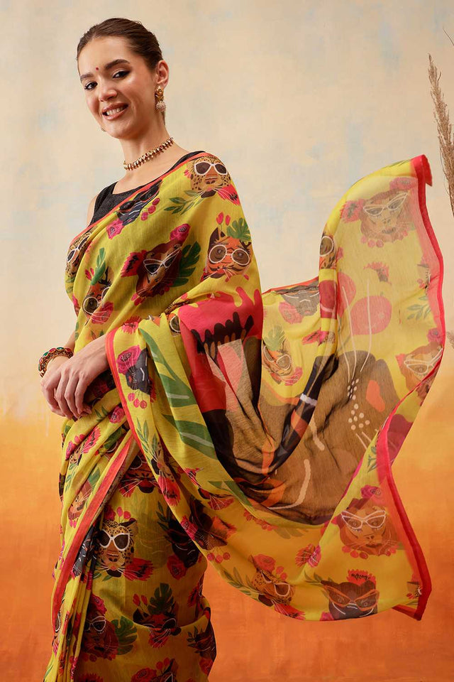 Mustard Animal Printed Cotton Blend Ready to Wear Saree