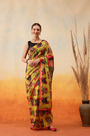 Mustard Animal Printed Cotton Blend Ready to Wear Saree