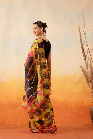 Mustard Animal Printed Cotton Blend Ready to Wear Saree