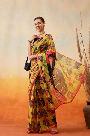Mustard Animal Printed Cotton Blend Ready to Wear Saree