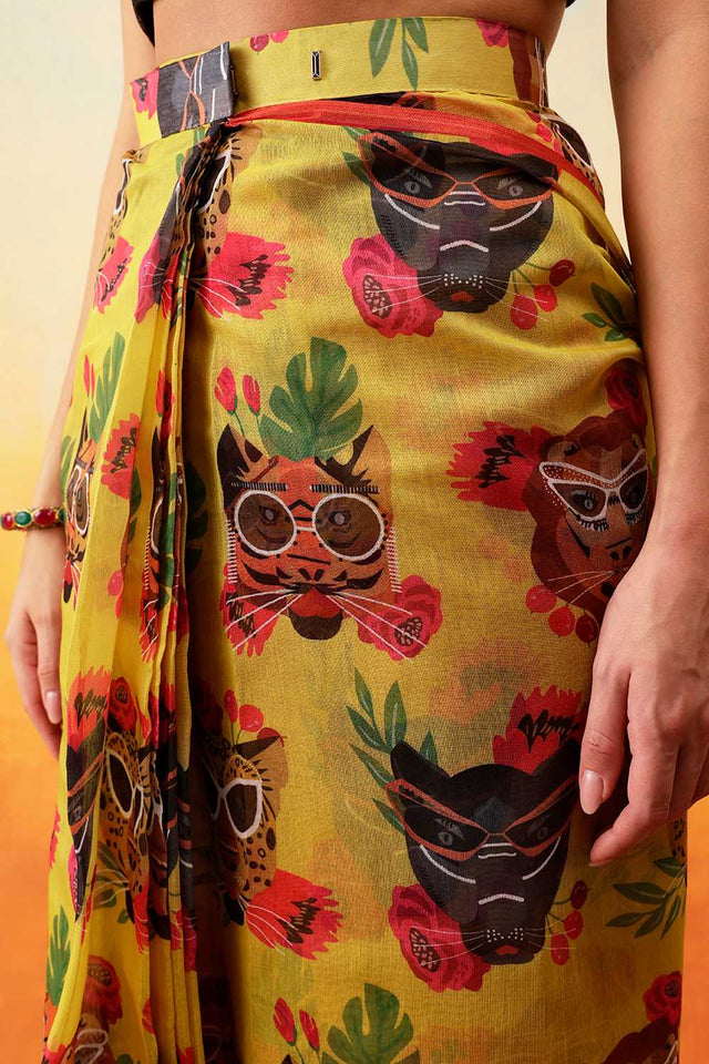 Mustard Animal Printed Cotton Blend Ready to Wear Saree