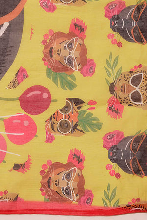 Mustard Animal Printed Cotton Blend Ready to Wear Saree