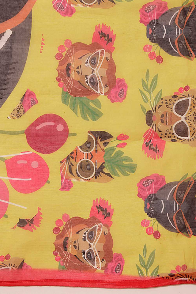 Mustard Animal Printed Cotton Blend Ready to Wear Saree