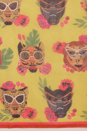 Mustard Animal Printed Cotton Blend Ready to Wear Saree