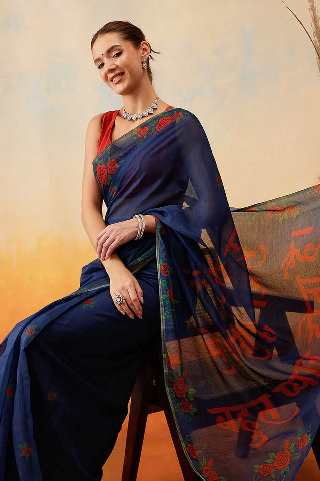 Navy Blue Floral Printed Cotton Blend Ready to Wear Saree