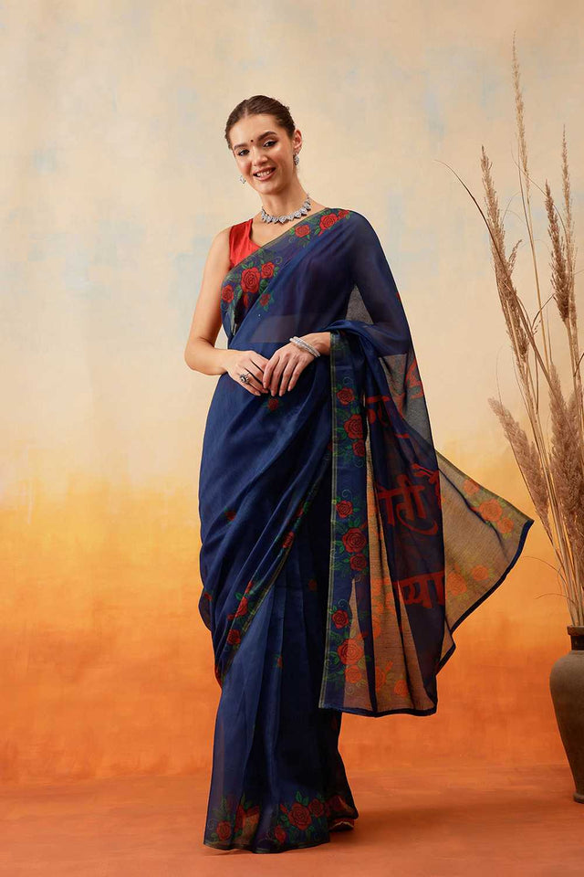 Navy Blue Floral Printed Cotton Blend Ready to Wear Saree