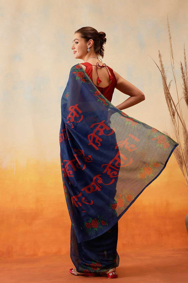 Navy Blue Floral Printed Cotton Blend Ready to Wear Saree