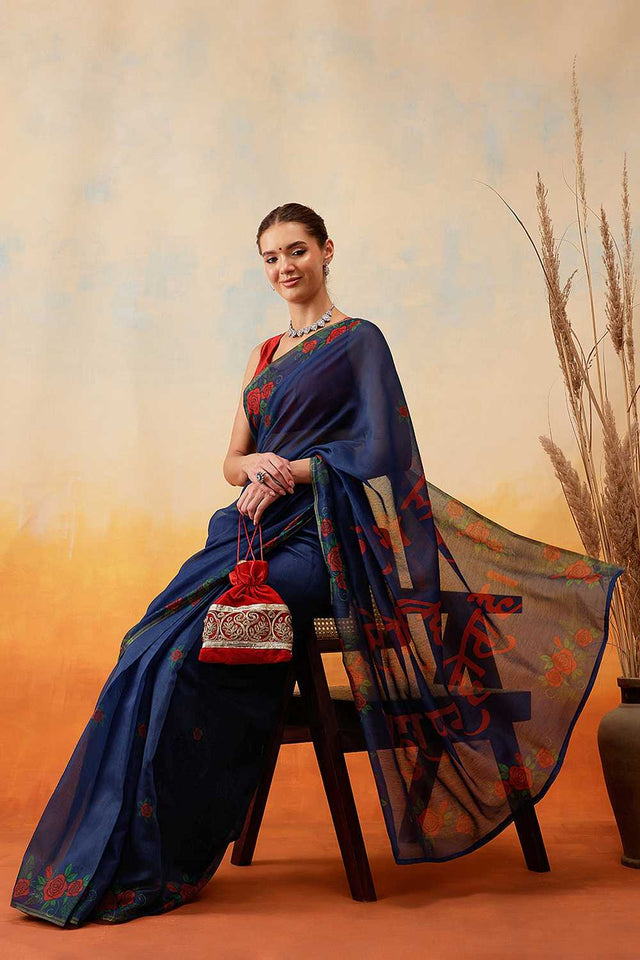 Navy Blue Floral Printed Cotton Blend Ready to Wear Saree
