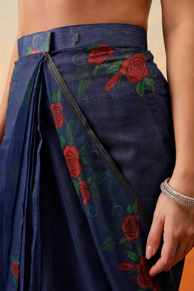 Navy Blue Floral Printed Cotton Blend Ready to Wear Saree