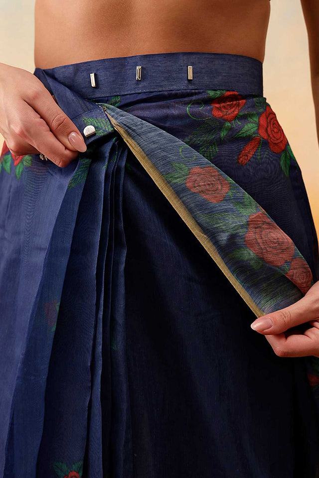 Navy Blue Floral Printed Cotton Blend Ready to Wear Saree