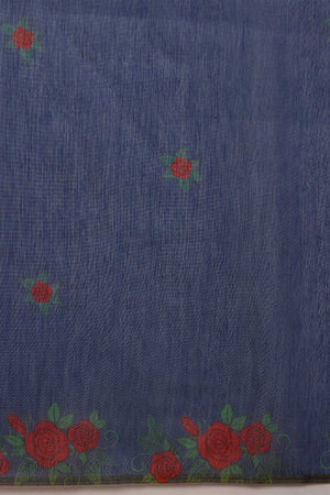 Navy Blue Floral Printed Cotton Blend Ready to Wear Saree