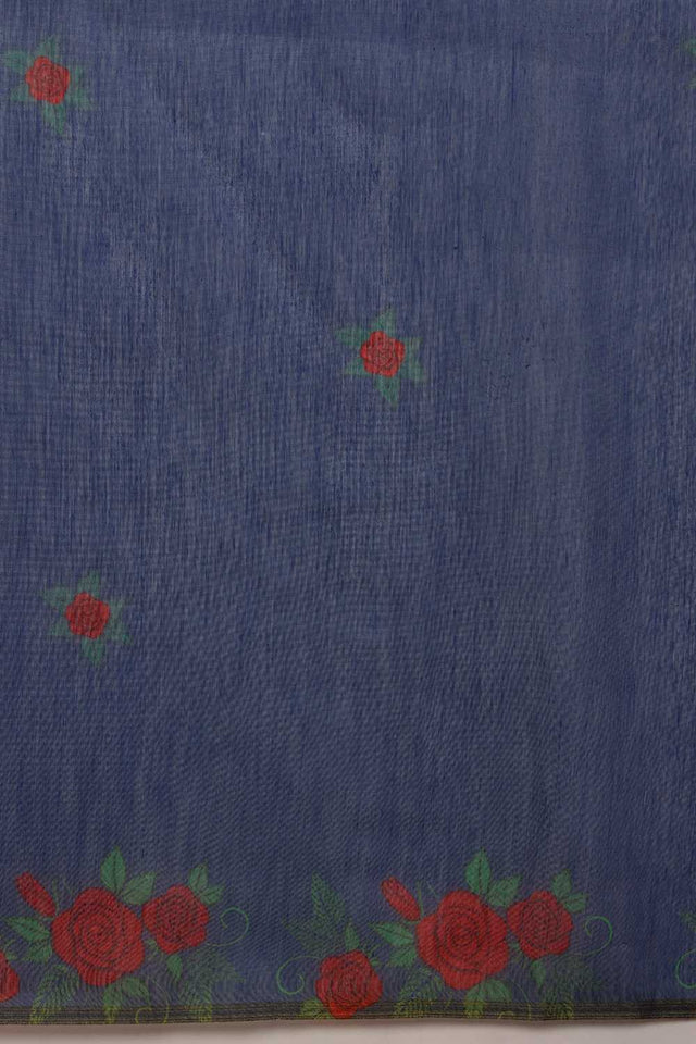 Navy Blue Floral Printed Cotton Blend Ready to Wear Saree