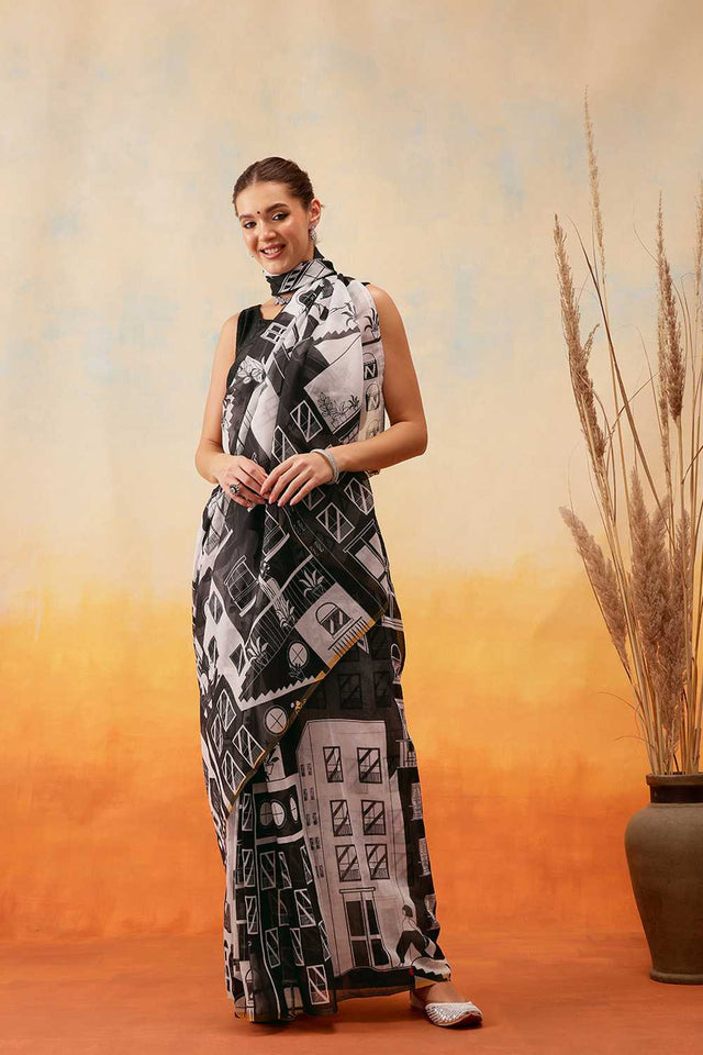 White Abstract Printed Cotton Blend Ready to Wear Saree