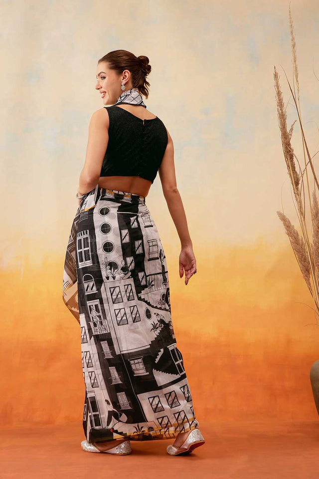 White Abstract Printed Cotton Blend Ready to Wear Saree