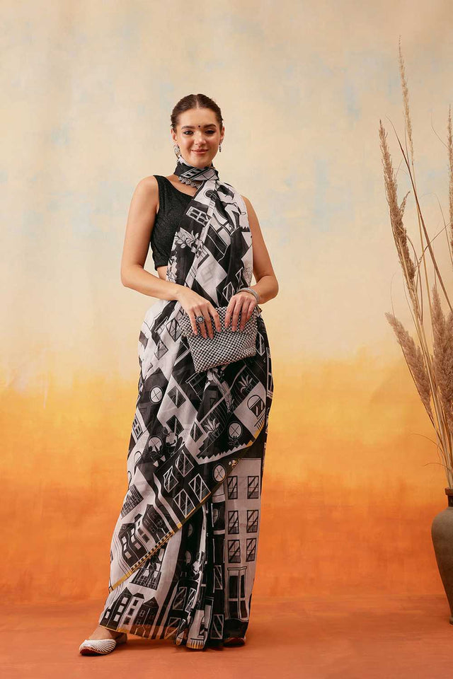 White Abstract Printed Cotton Blend Ready to Wear Saree