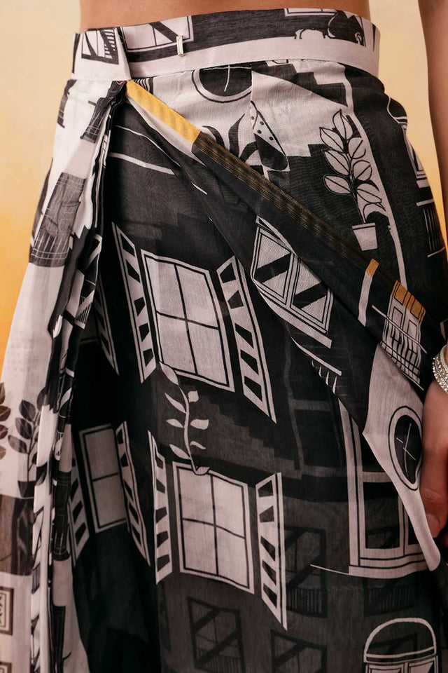 White Abstract Printed Cotton Blend Ready to Wear Saree