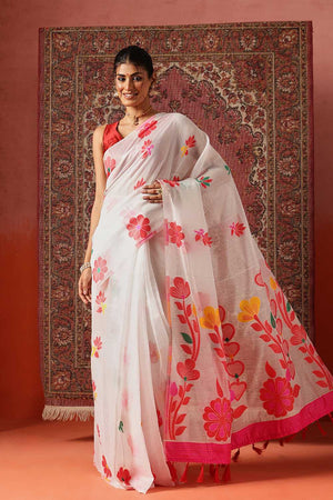 White Woven Cotton Blend Ready to Wear Saree