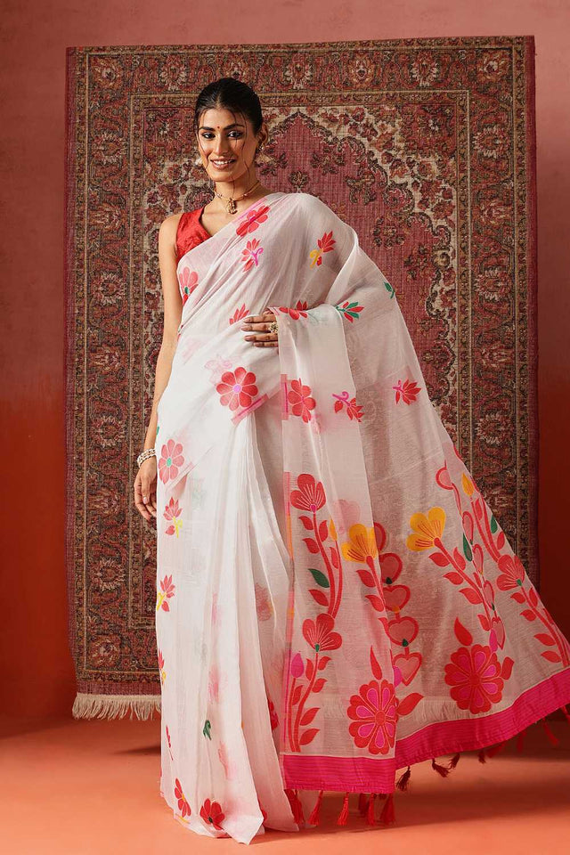 White Woven Cotton Blend Ready to Wear Saree