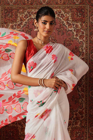 White Woven Cotton Blend Ready to Wear Saree