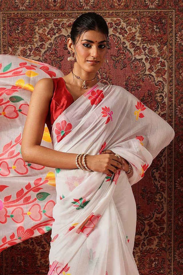White Woven Cotton Blend Ready to Wear Saree
