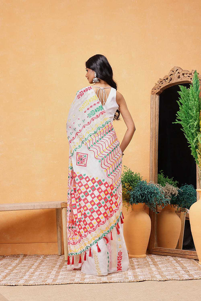 White Floral Woven Cotton Ready to Wear Saree