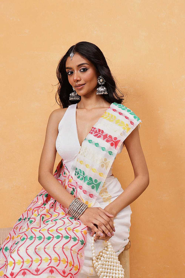 White Floral Woven Cotton Ready to Wear Saree