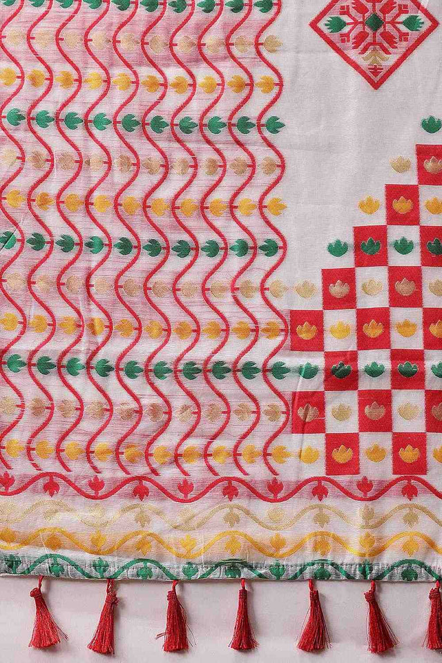 White Floral Woven Cotton Ready to Wear Saree