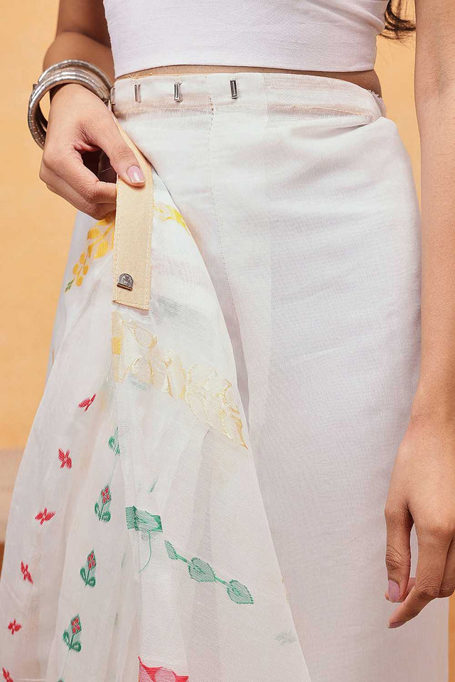 White Floral Woven Cotton Ready to Wear Saree