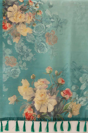 Turquoise Kalamkari Printed Cotton Blend Ready to Wear Saree