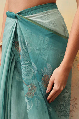 Turquoise Kalamkari Printed Cotton Blend Ready to Wear Saree