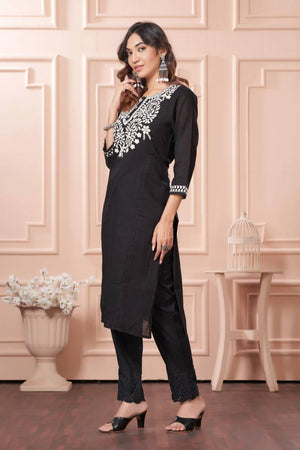 Black Embroidered Cotton Kurti Pant Set