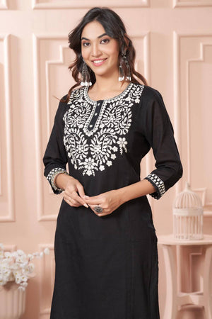 Black Embroidered Cotton Kurti Pant Set