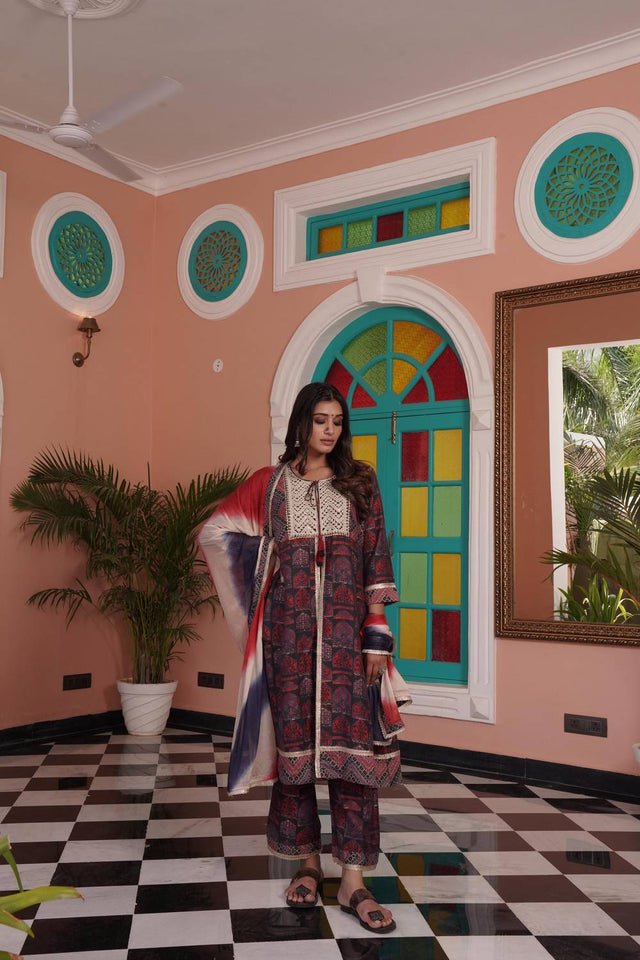 Red Ajrakh Printed Cotton Kurti Pant Set