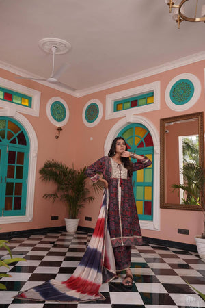 Red Ajrakh Printed Cotton Kurti Pant Set