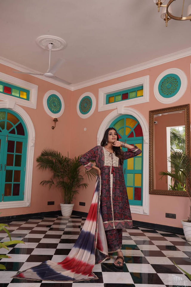 Red Ajrakh Printed Cotton Kurti Pant Set